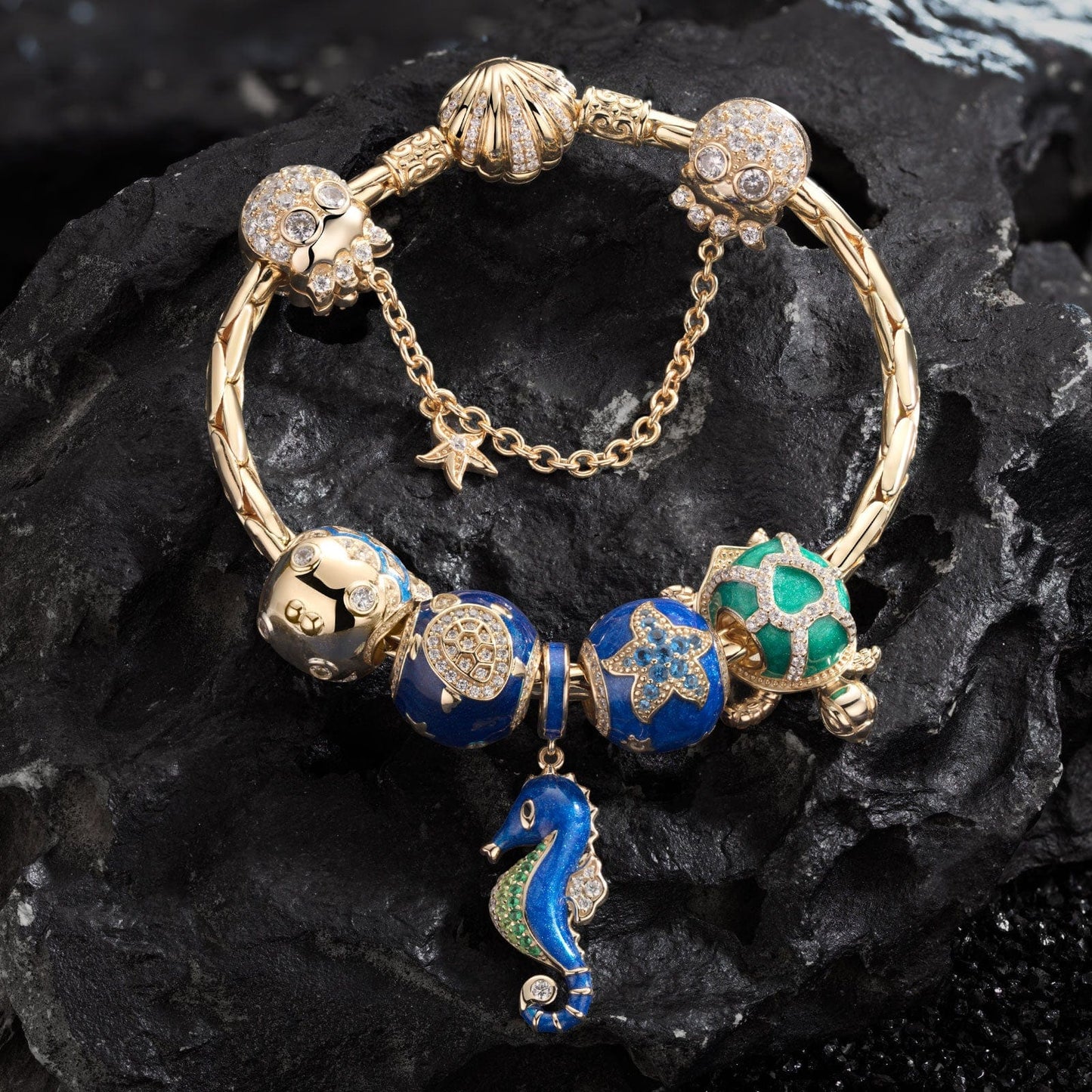 Sterling Silver Underwater Party Charms Bracelet Set With Enamel In 14K Gold Plated (Includes bracelet and all charms shown)