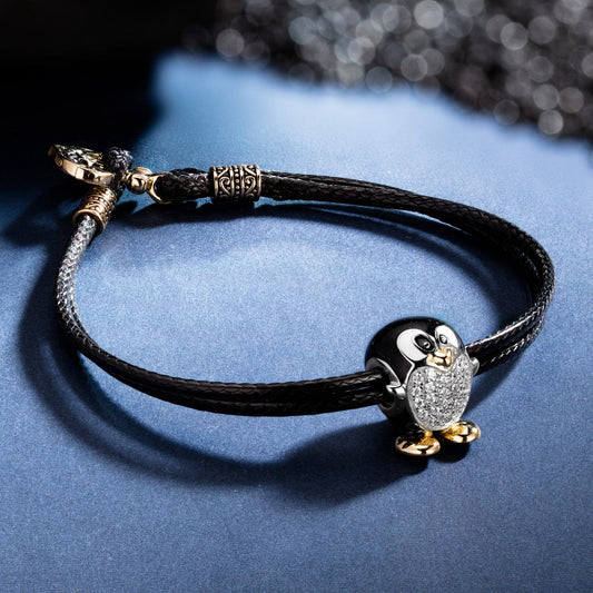 gona- Sterling Silver Happy Penguin Leather Charms Bracelet Set With Enamel In Two-Tone Plating (Includes bracelet and all charms shown)