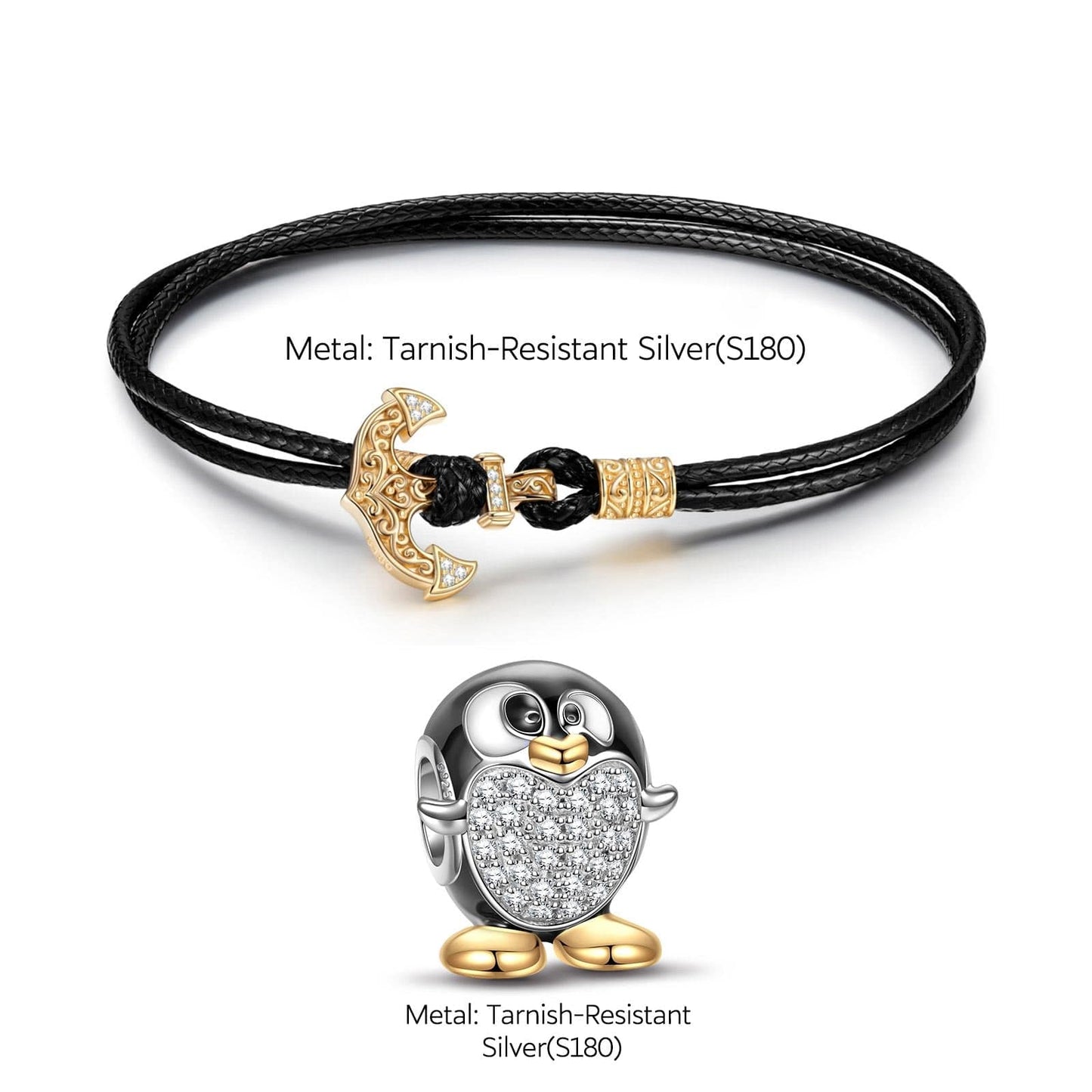Sterling Silver Happy Penguin Leather Charms Bracelet Set With Enamel In Two-Tone Plating (Includes bracelet and all charms shown)