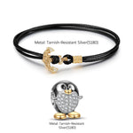 Sterling Silver Happy Penguin Leather Charms Bracelet Set With Enamel In Two-Tone Plating (Includes bracelet and all charms shown)