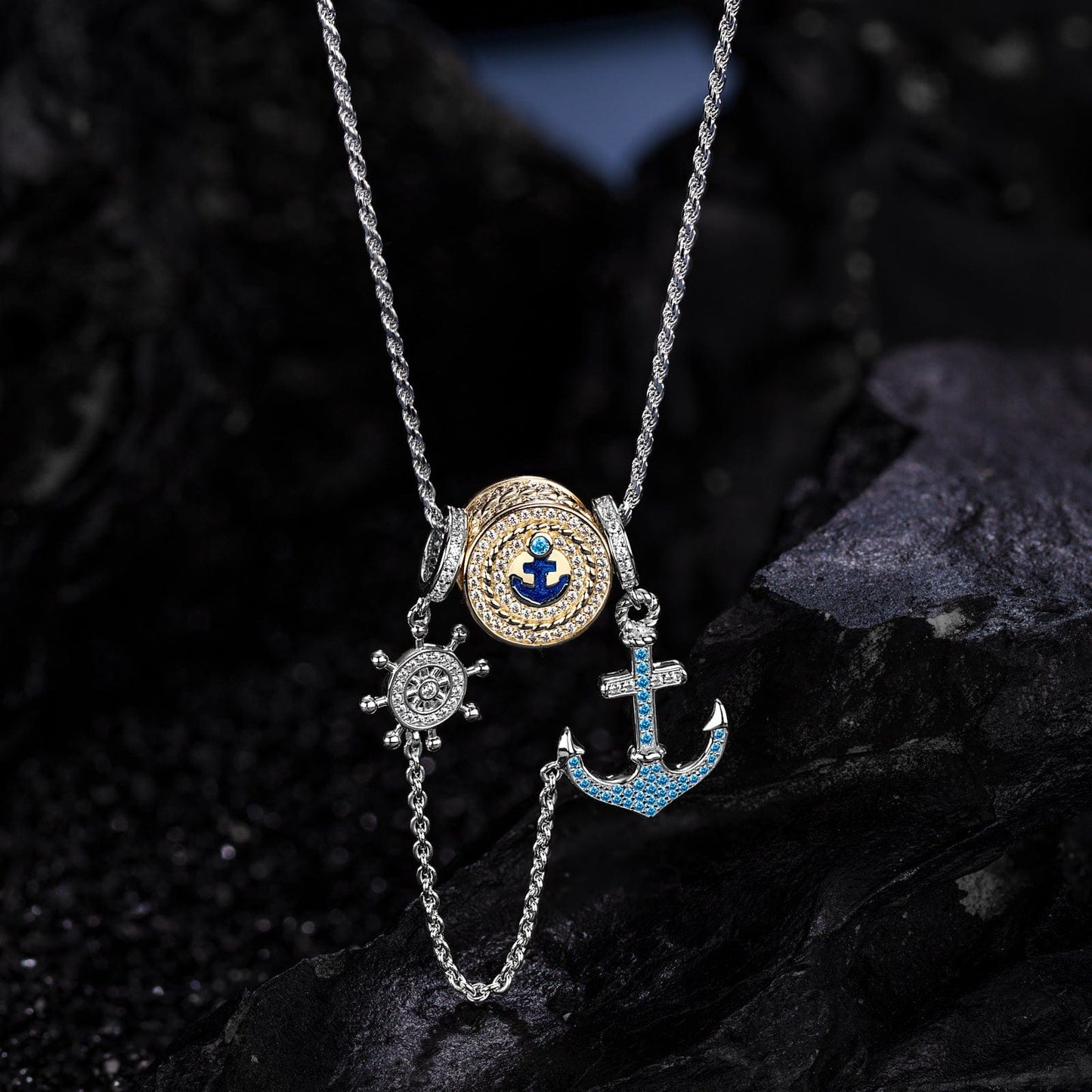 Sterling Silver Anchor And Helm Charms Necklace Set With Enamel, Featuring Dual Plating in White Gold and 14K Gold