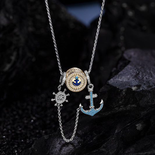gon- Sterling Silver Anchor And Helm Charms Necklace Set With Enamel, Featuring Dual Plating in White Gold and 14K Gold