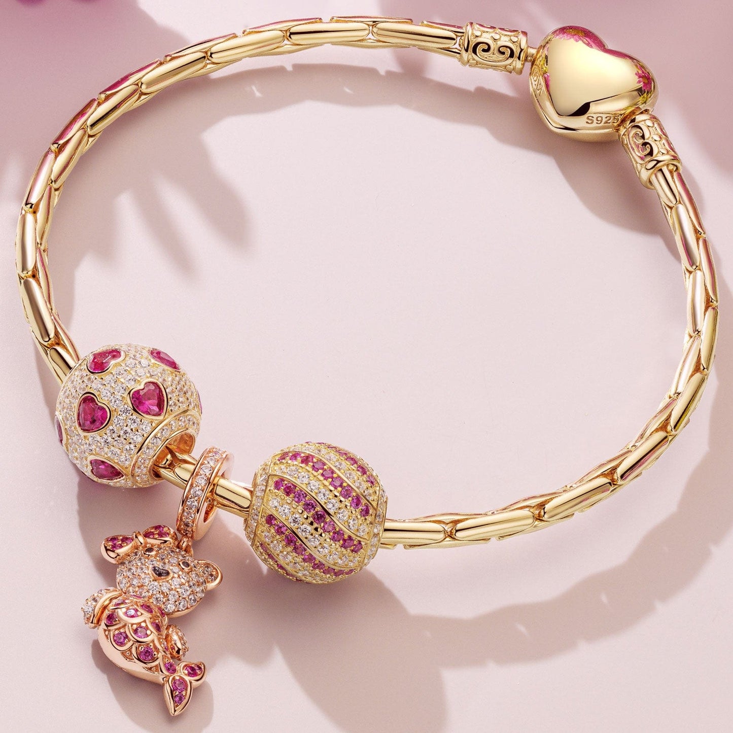 Sterling Silver Pink Mermaid Fish Charms Bracelet Set With Enamel In 14K Gold Plated