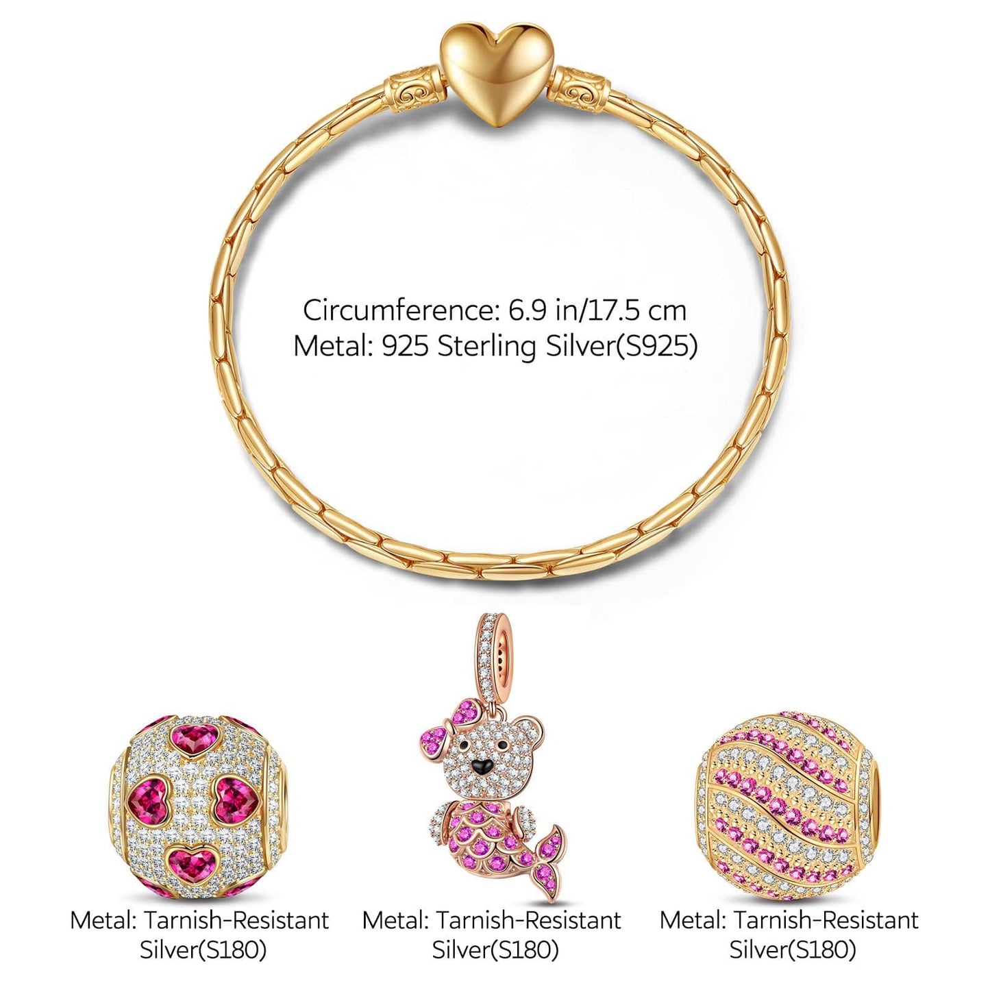 Sterling Silver Pink Mermaid Fish Charms Bracelet Set With Enamel In 14K Gold Plated (Includes bracelet and all charms shown)