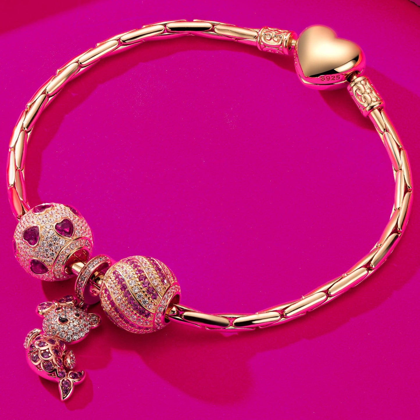 Sterling Silver Pink Mermaid Fish Charms Bracelet Set With Enamel In 14K Gold Plated (Includes bracelet and all charms shown)