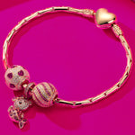 Sterling Silver Pink Mermaid Fish Charms Bracelet Set With Enamel In 14K Gold Plated (Includes bracelet and all charms shown)