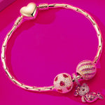 Sterling Silver Pink Mermaid Fish Charms Bracelet Set With Enamel In 14K Gold Plated (Includes bracelet and all charms shown)