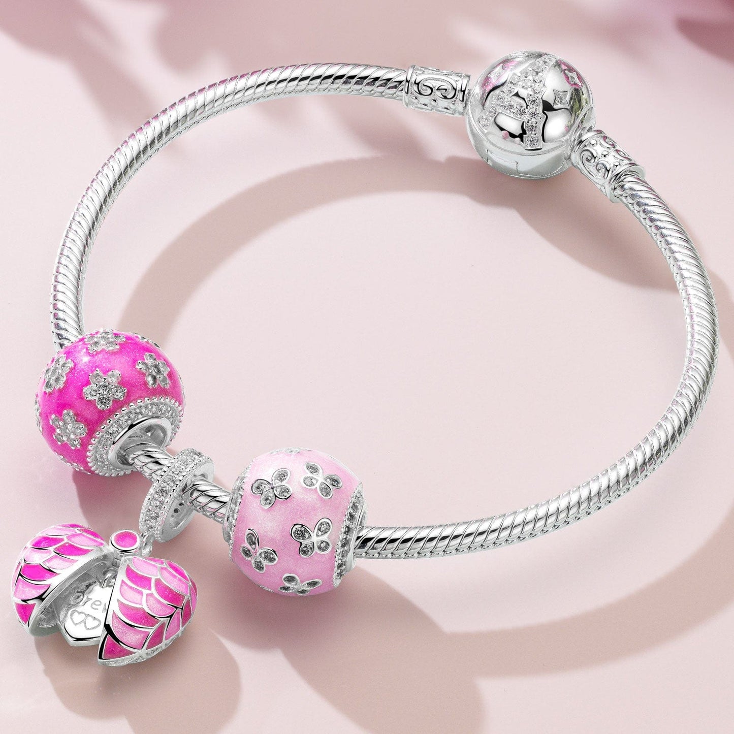 Sterling Silver Barbie Love Charms Bracelet Set With Enamel In White Gold Plated (Includes bracelet and all charms shown)