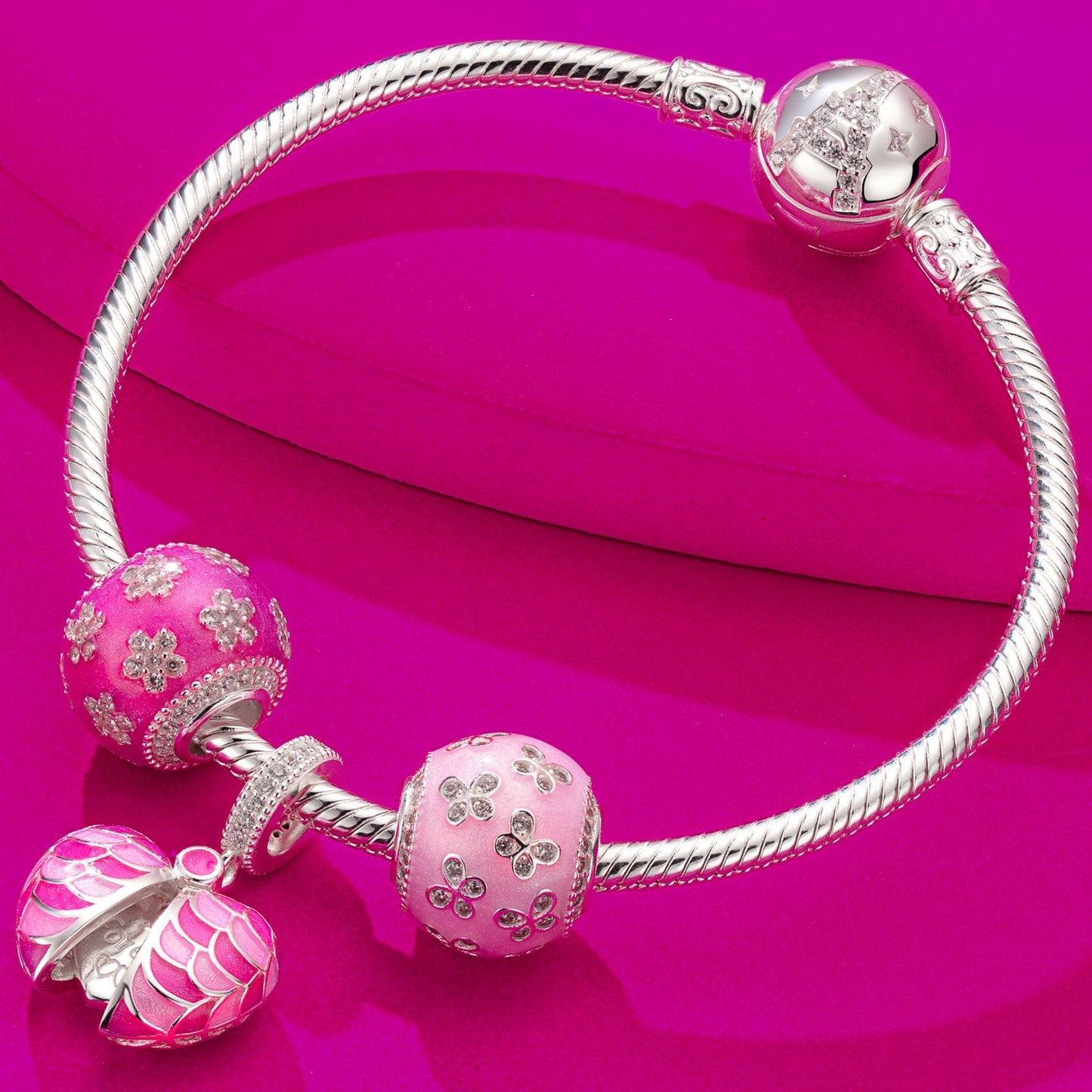 Sterling Silver Barbie Love Charms Bracelet Set With Enamel In White Gold Plated