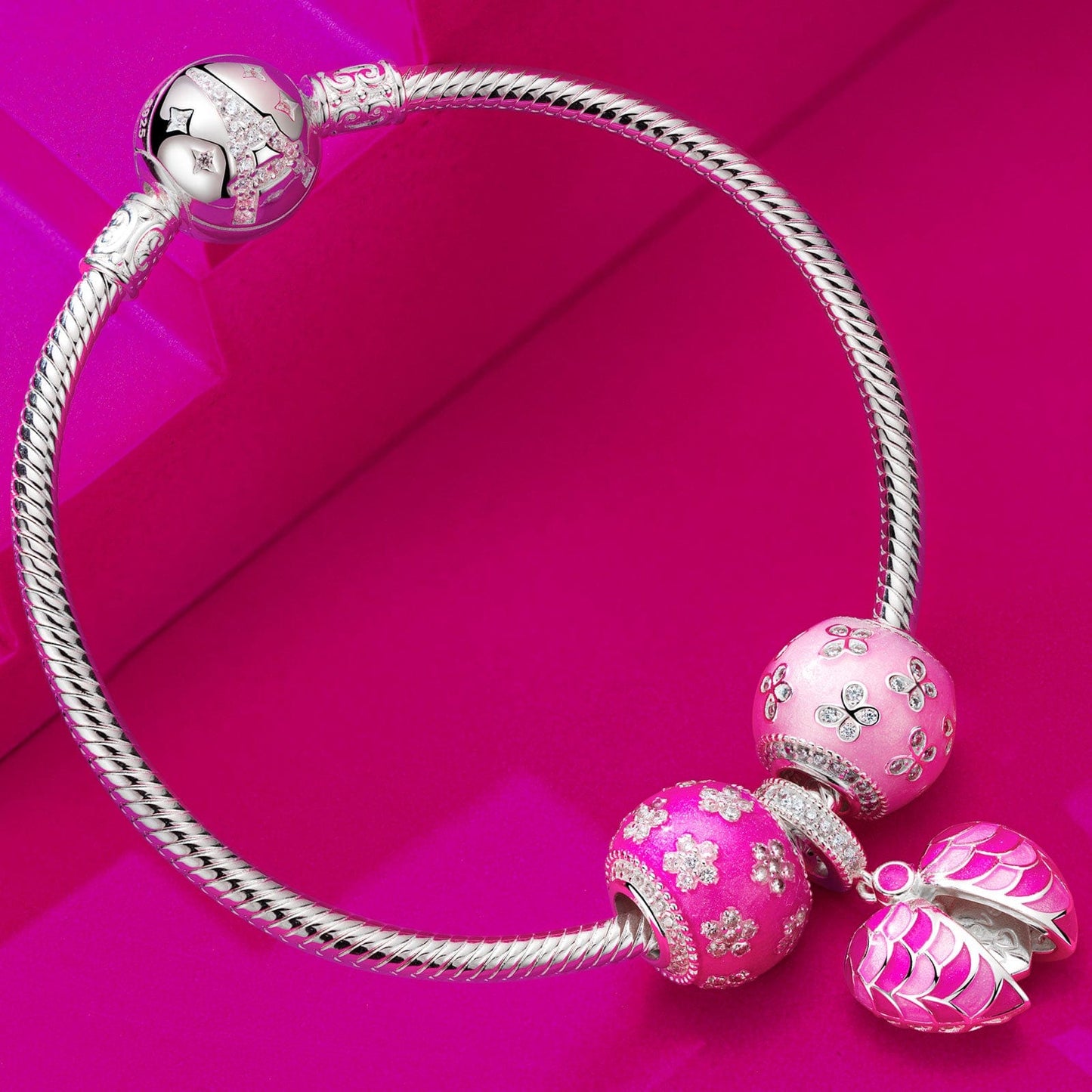 Sterling Silver Barbie Love Charms Bracelet Set With Enamel In White Gold Plated