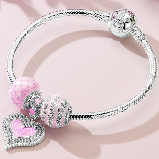 gon- Sterling Silver Pink Date Charms Bracelet Set With Enamel In White Gold Plated
