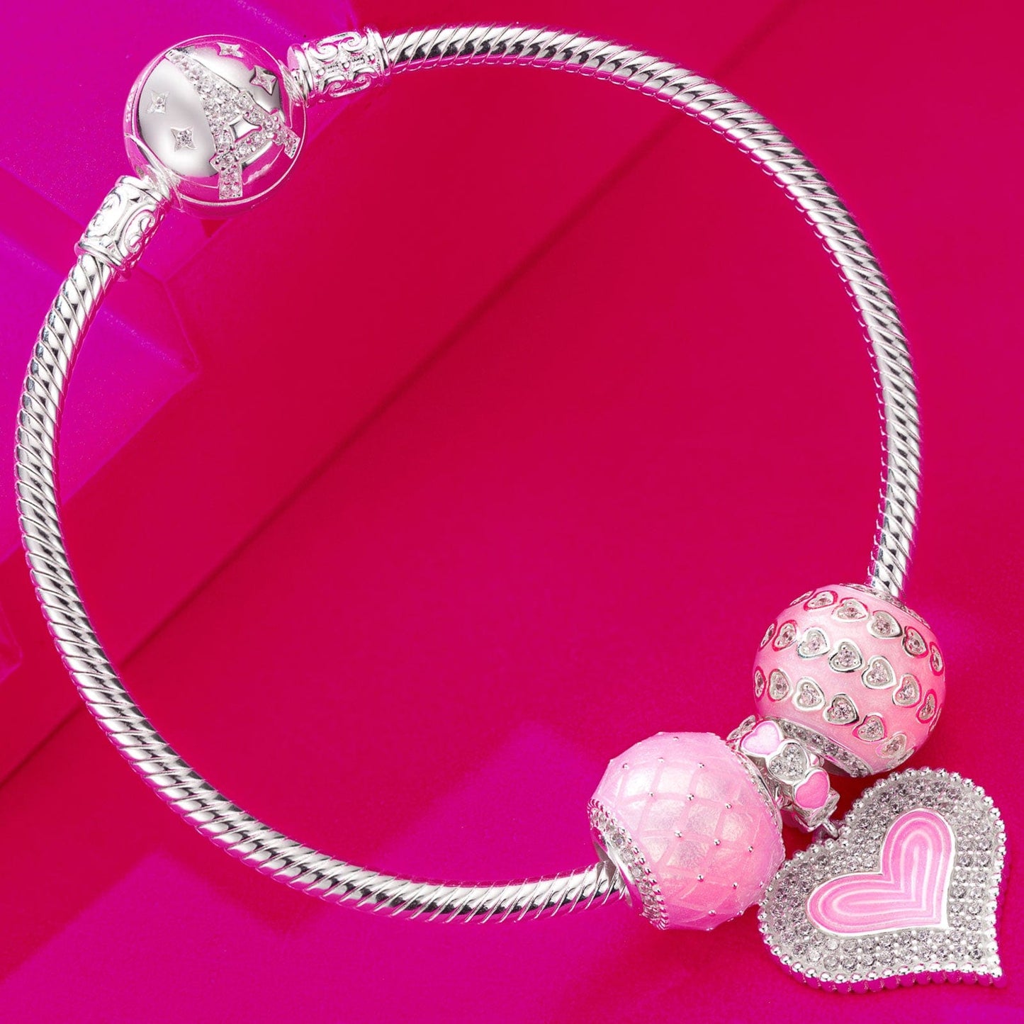 Sterling Silver Pink Date Charms Bracelet Set With Enamel In White Gold Plated