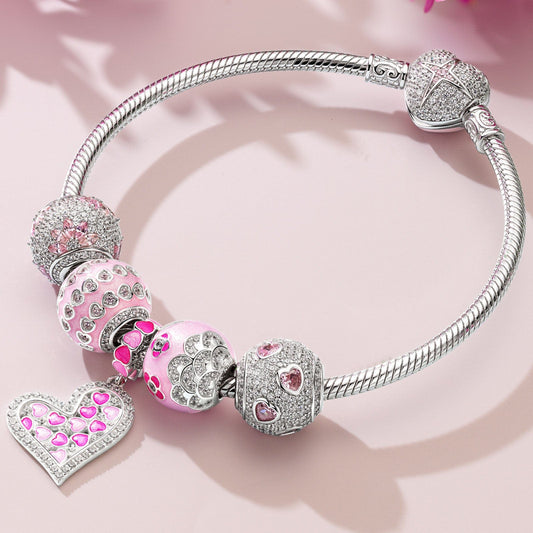 gon- Sterling Silver Pink Girlish Charms Bracelet Set With Enamel In White Gold Plated