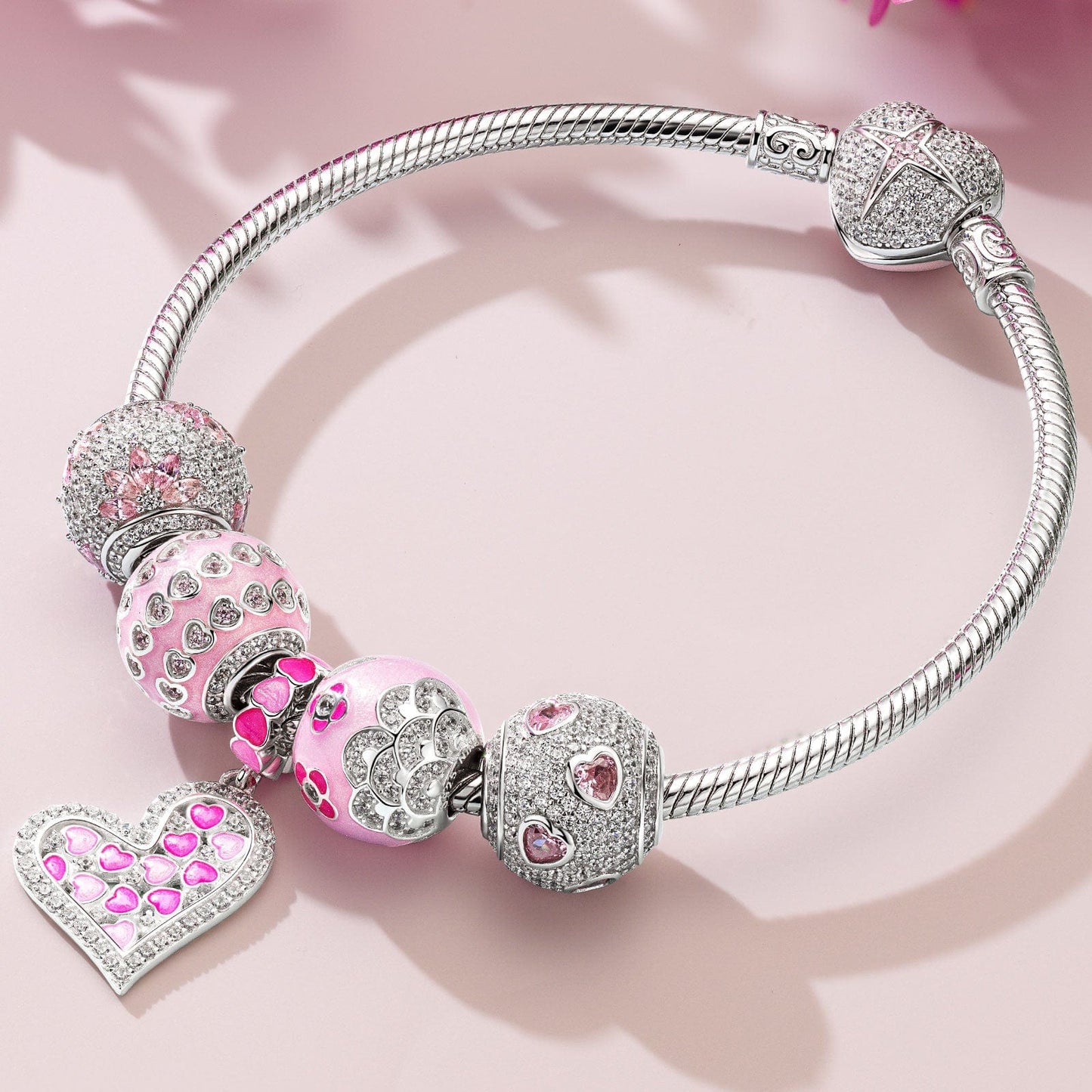 Sterling Silver Pink Girlish Charms Bracelet Set With Enamel In White Gold Plated