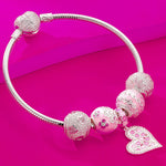 Sterling Silver Pink Girlish Charms Bracelet Set With Enamel In White Gold Plated (Includes bracelet and all charms shown)