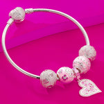 Sterling Silver Pink Girlish Charms Bracelet Set With Enamel In White Gold Plated