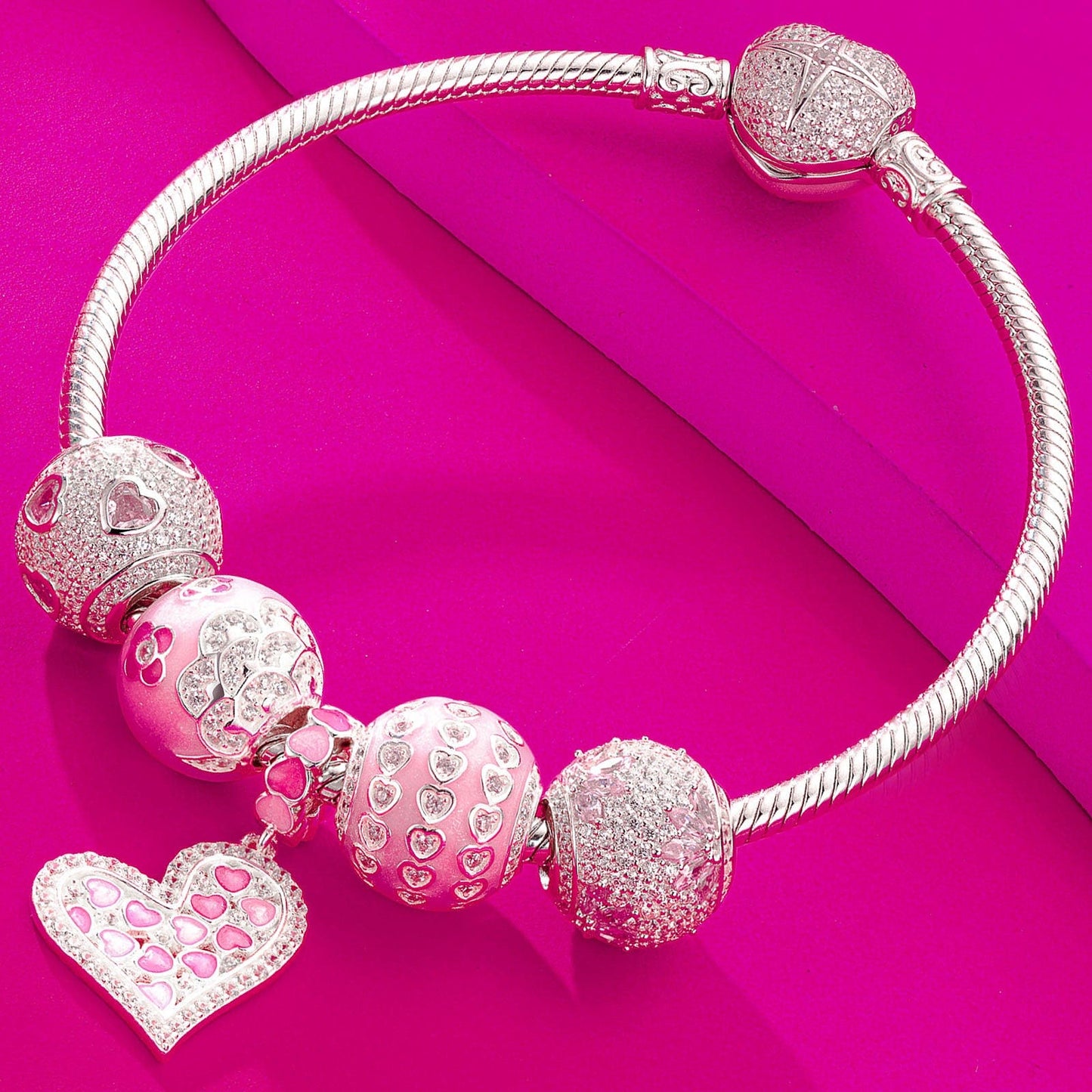 Sterling Silver Pink Girlish Charms Bracelet Set With Enamel In White Gold Plated