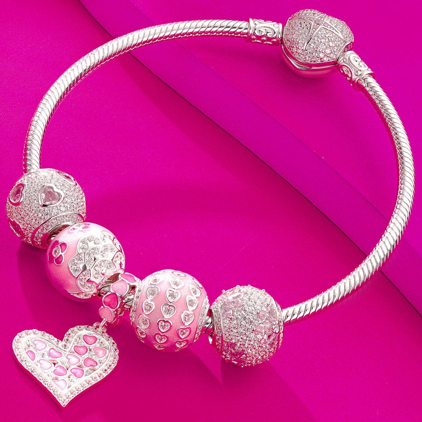 Sterling Silver Pink Girlish Charms Bracelet Set With Enamel In White Gold Plated (Includes bracelet and all charms shown)