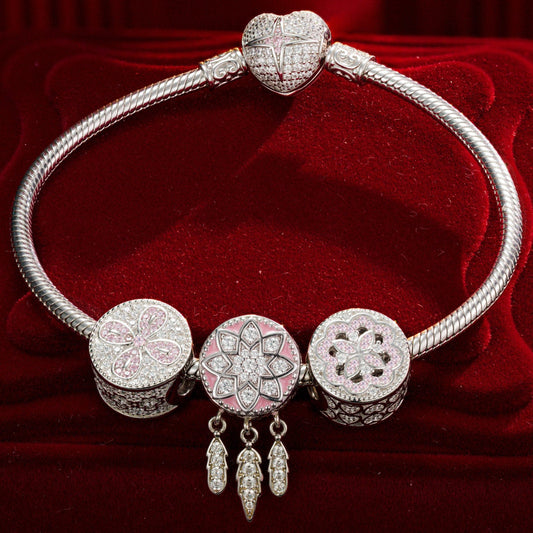 gon- Sterling Silver Lucky Girl Charms Bracelet Set With Enamel In White Gold Plated