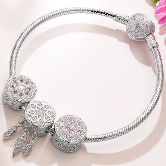 gon- Sterling Silver Lucky Girl Charms Bracelet Set With Enamel In White Gold Plated