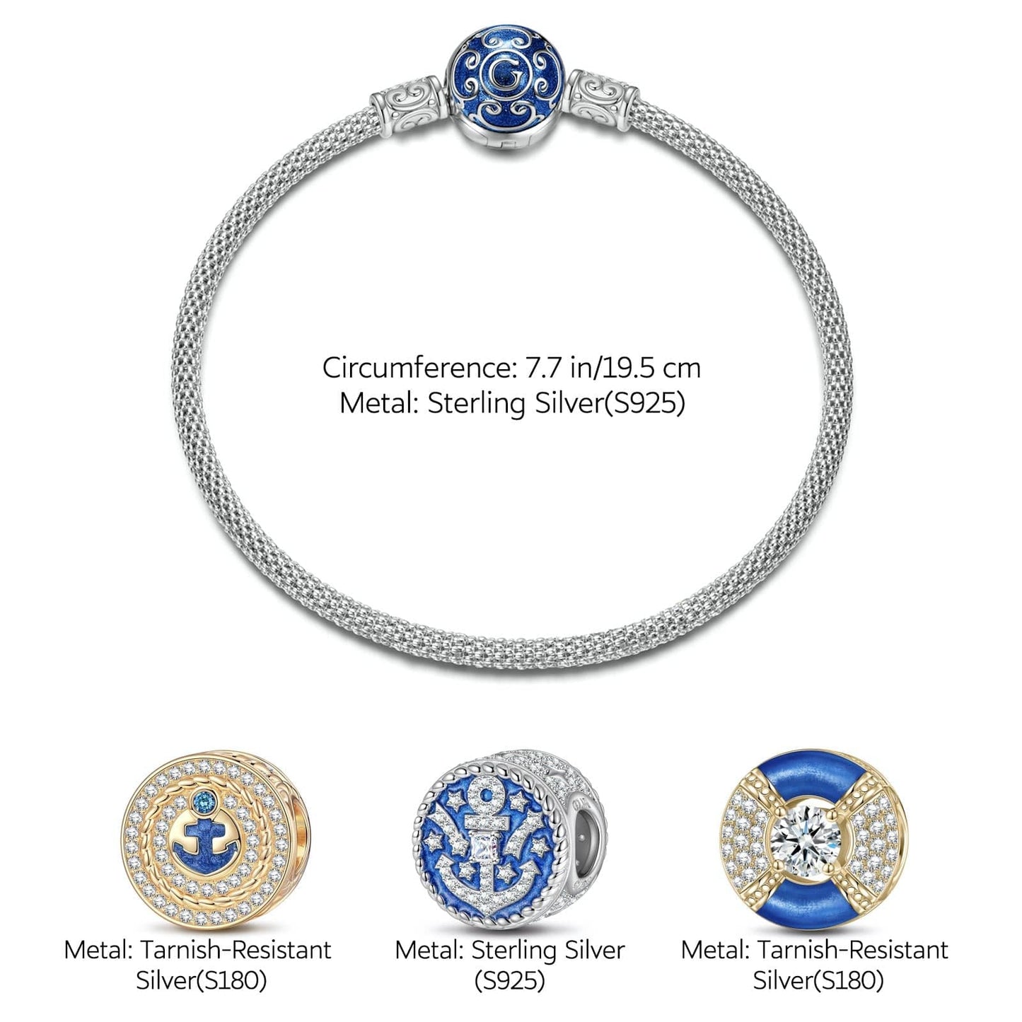 Sterling Silver Sailing Expedition Charms Bracelet Set With Enamel In White Gold Plated