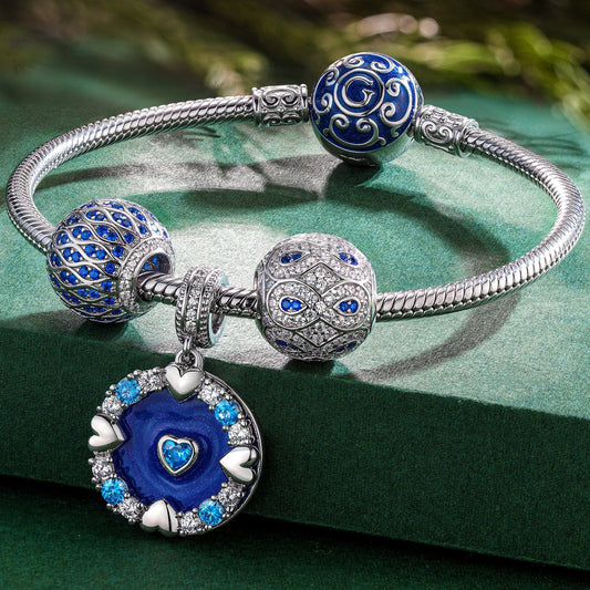gona- Sterling Silver Ocean Ripple Charms Bracelet Set With Enamel In White Gold Plated (Includes bracelet and all charms shown)