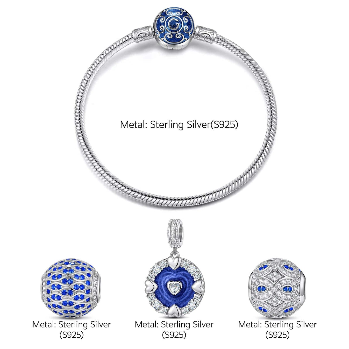Sterling Silver Ocean Ripple Charms Bracelet Set With Enamel In White Gold Plated (Includes bracelet and all charms shown)