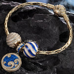 Sterling Silver Blue Ocean Waves Charms Bracelet Set With Enamel In 14K Gold Plated