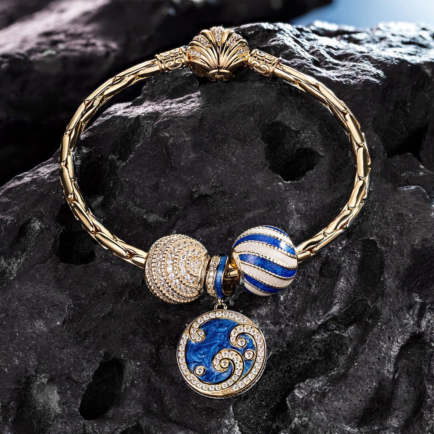 [💥As @anlena_ea's Pick] Sterling Silver Blue Ocean Waves Charms Bracelet Set With Enamel In 14K Gold Plated