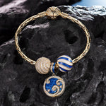 Sterling Silver Blue Ocean Waves Charms Bracelet Set With Enamel In 14K Gold Plated