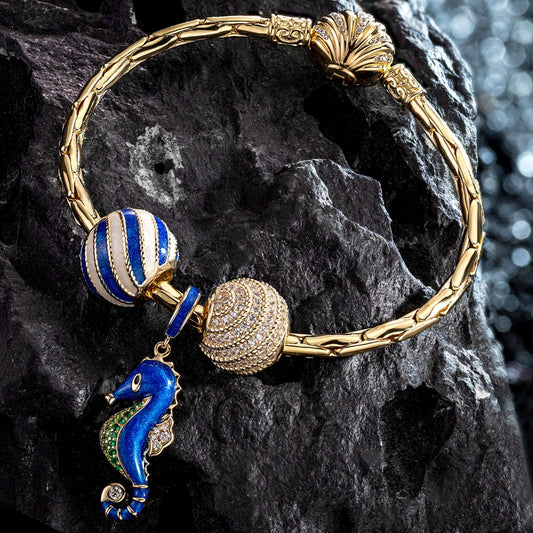gona- Sterling Silver Seahorse By Wave Charms Bracelet Set With Enamel In 14K Gold Plated (Includes bracelet and all charms shown)