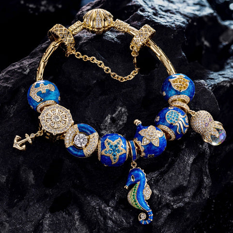 Sterling Silver Island Paradise Charms Bracelet Set With Enamel In 14K Gold Plated (Includes bracelet and all charms shown)