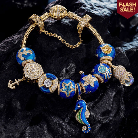 Sterling Silver Island Paradise Charms Bracelet Set With Enamel In 14K Gold Plated (Includes bracelet and all charms shown)