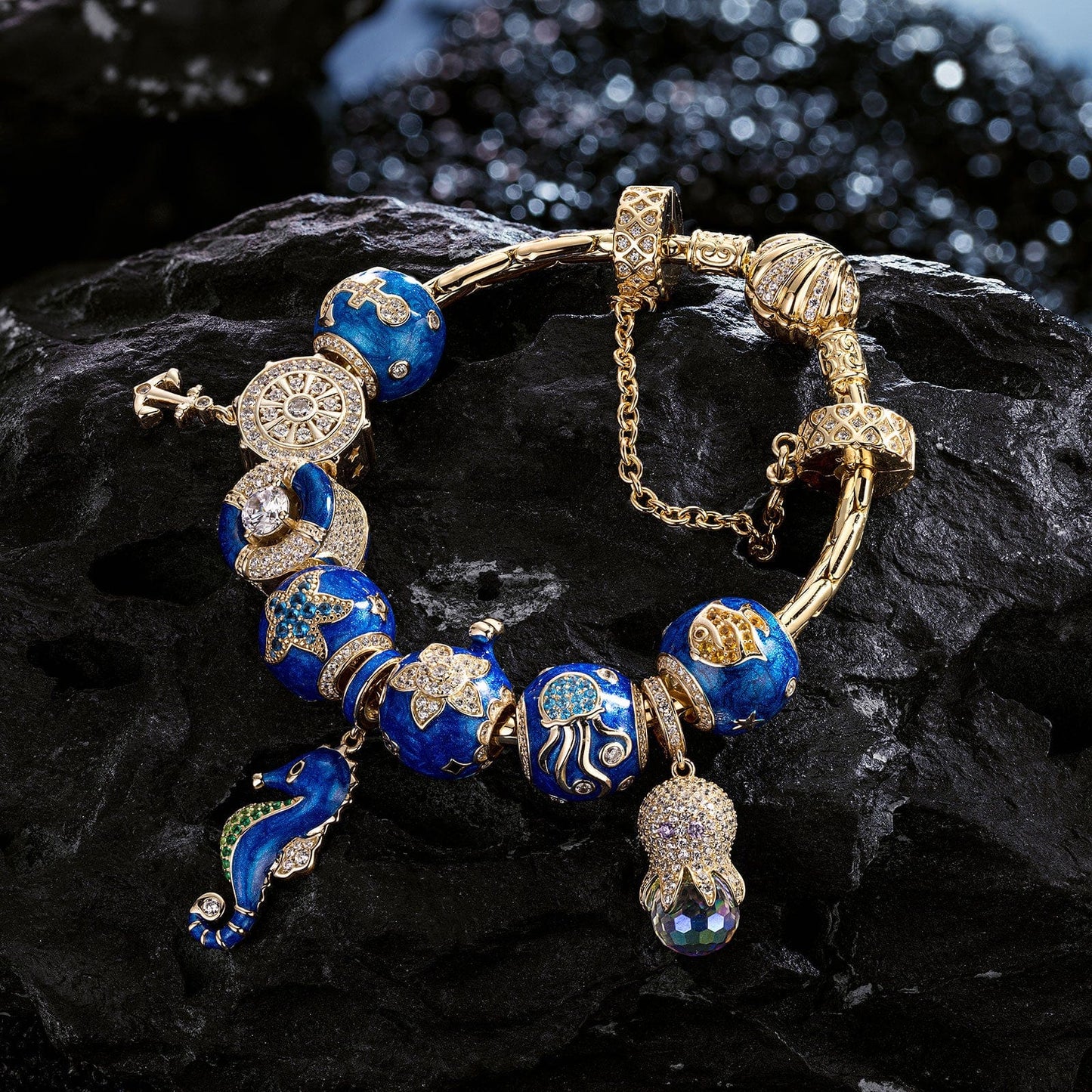 Sterling Silver Island Paradise Charms Bracelet Set With Enamel In 14K Gold Plated (Includes bracelet and all charms shown)
