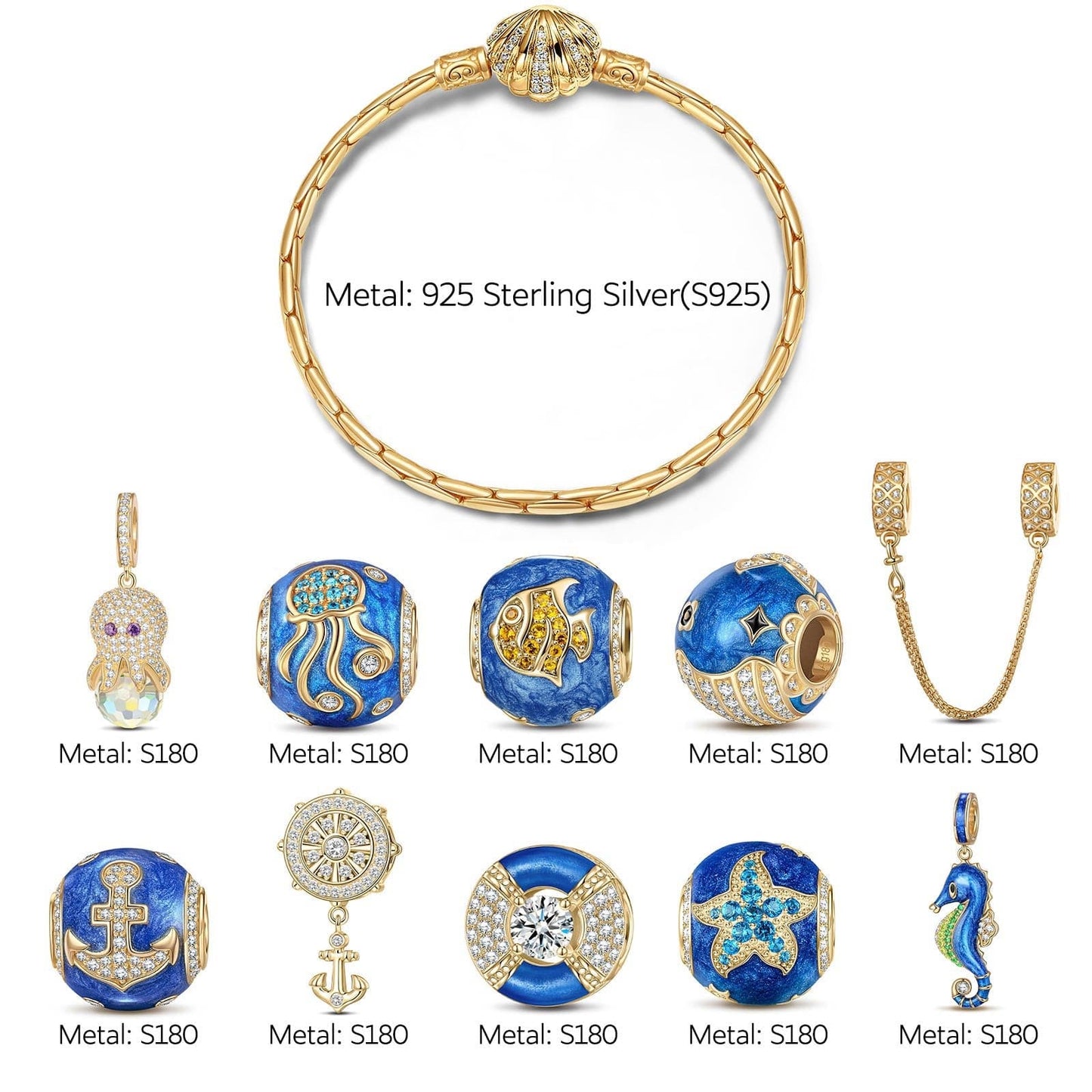 Sterling Silver Island Paradise Charms Bracelet Set With Enamel In 14K Gold Plated (Includes bracelet and all charms shown)