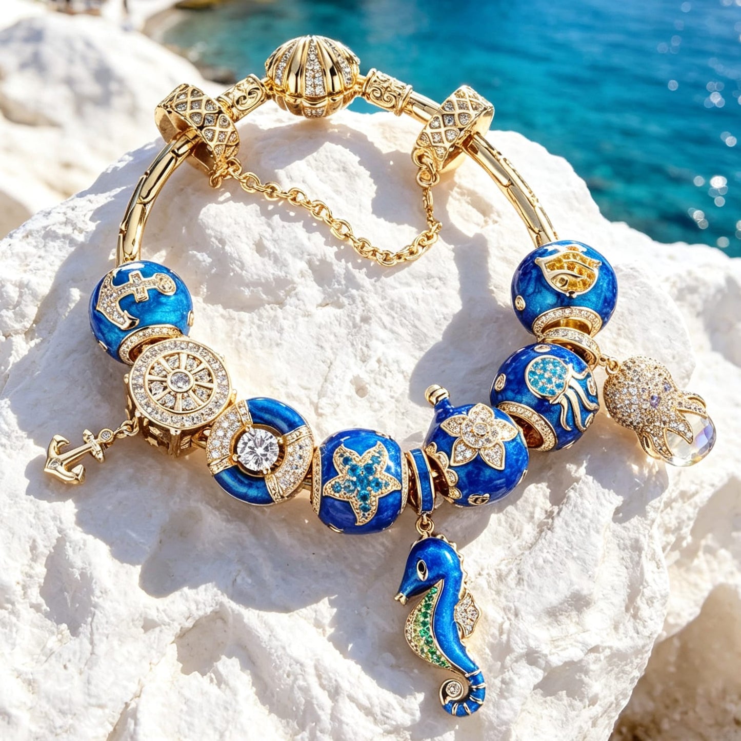 Sterling Silver Island Paradise Charms Bracelet Set With Enamel In 14K Gold Plated (Includes bracelet and all charms shown)