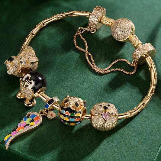 gona- Sterling Silver Golden Animals Charms Bracelet Set With Enamel In 14K Gold Plated (Includes bracelet and all charms shown)