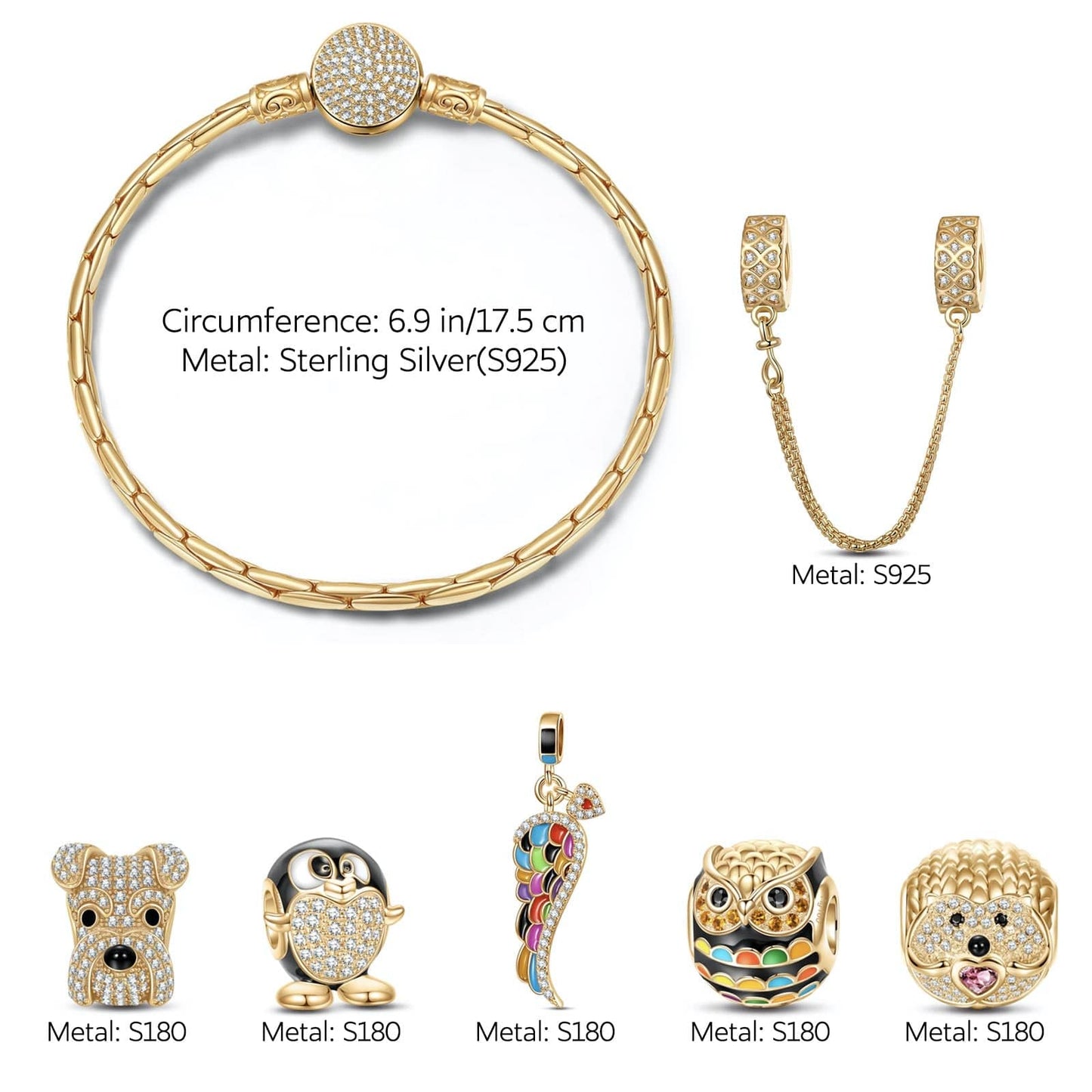 Sterling Silver Golden Animals Charms Bracelet Set With Enamel In 14K Gold Plated