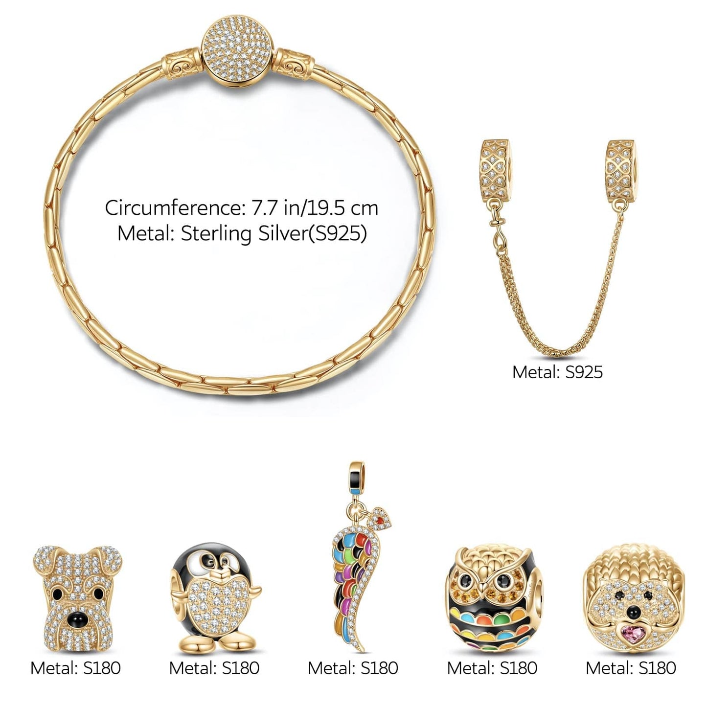 Sterling Silver Golden Animals Charms Bracelet Set In 14K Gold Plated