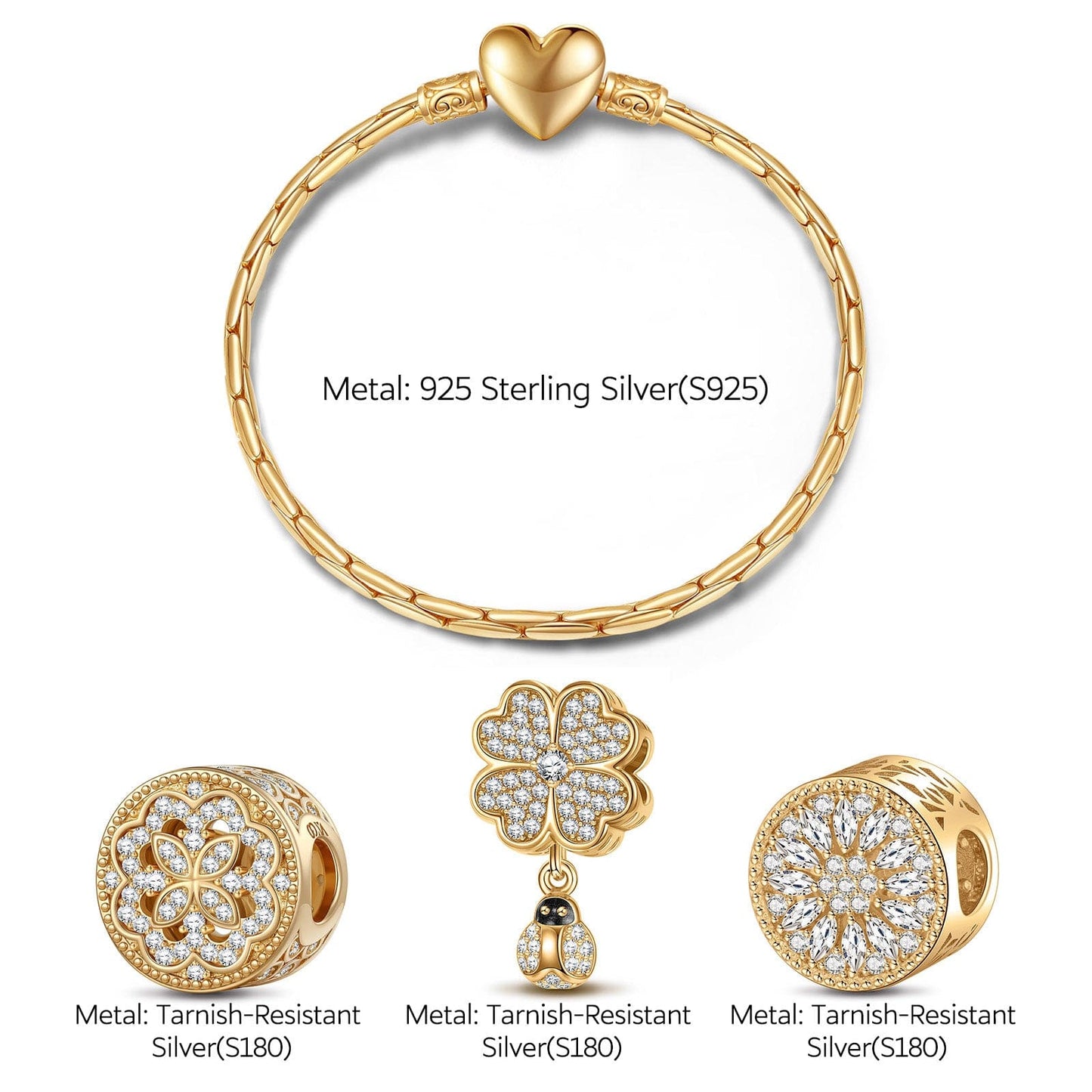 Sterling Silver Encounters Charms Bracelet Set In 14K Gold Plated (Includes bracelet and all charms shown)