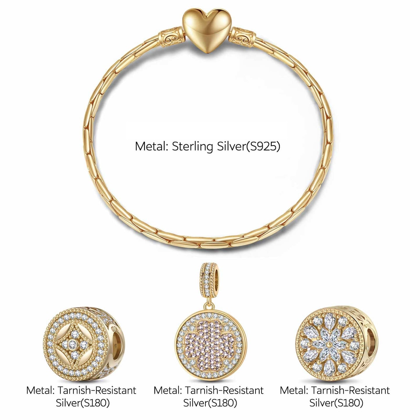 Sterling Silver Tango Charms Bracelet Set In 14K Gold Plated (Includes bracelet and all charms shown)