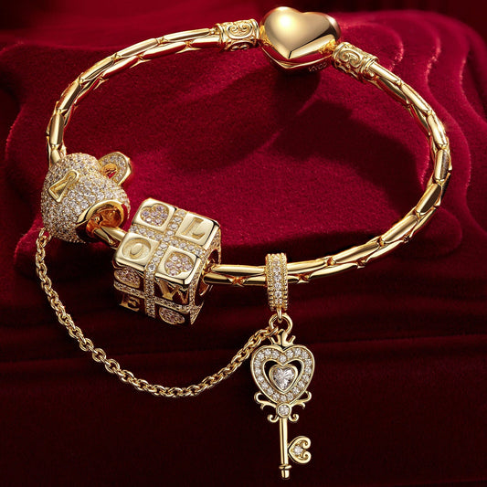 gona- Sterling Silver Magic of Love Charms Bracelet Set In 14K Gold Plated (Includes bracelet and all charms shown)