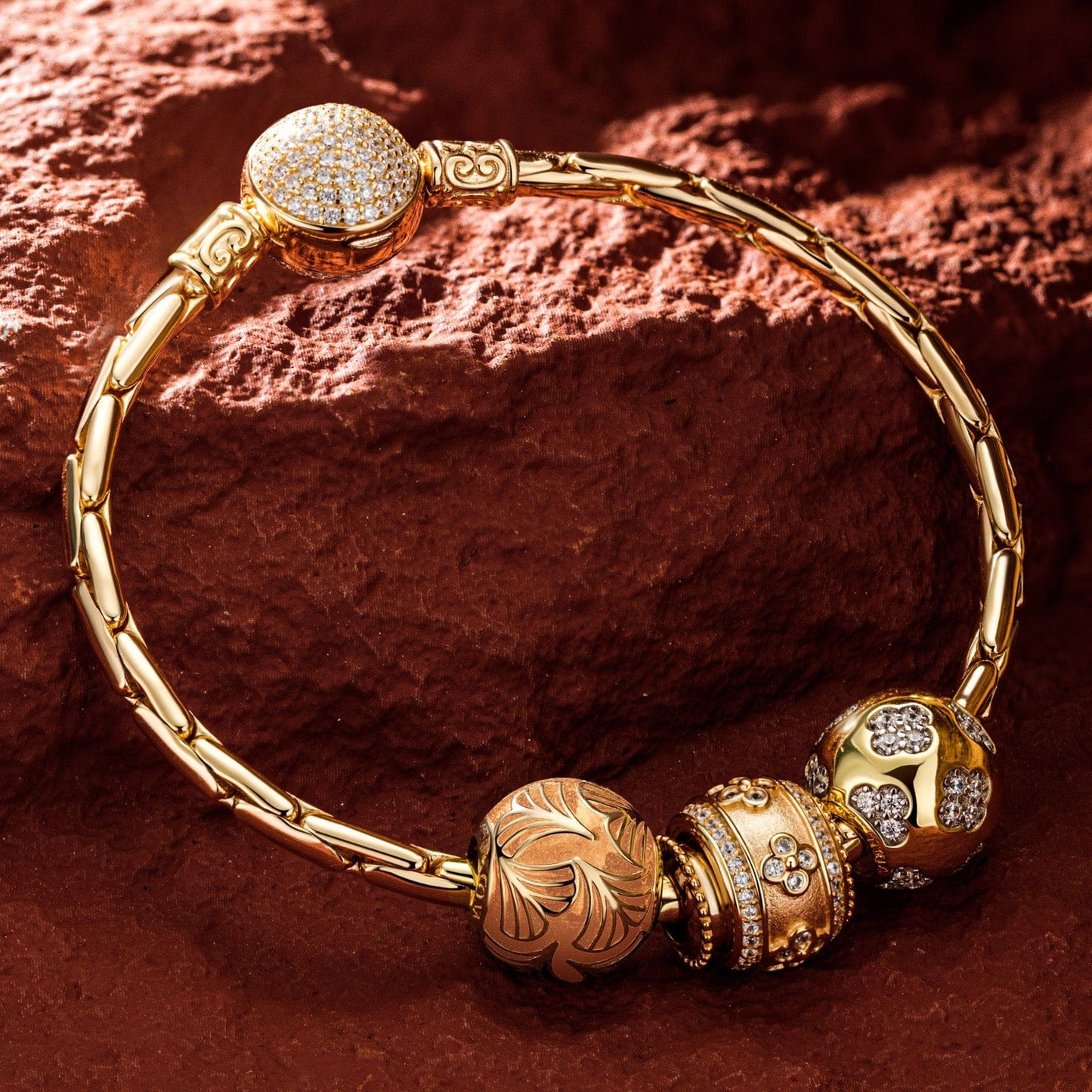 Sterling Silver Golden Good Fortune Charms Bracelet Set With Enamel In 14K Gold Plated (Includes bracelet and all charms shown)