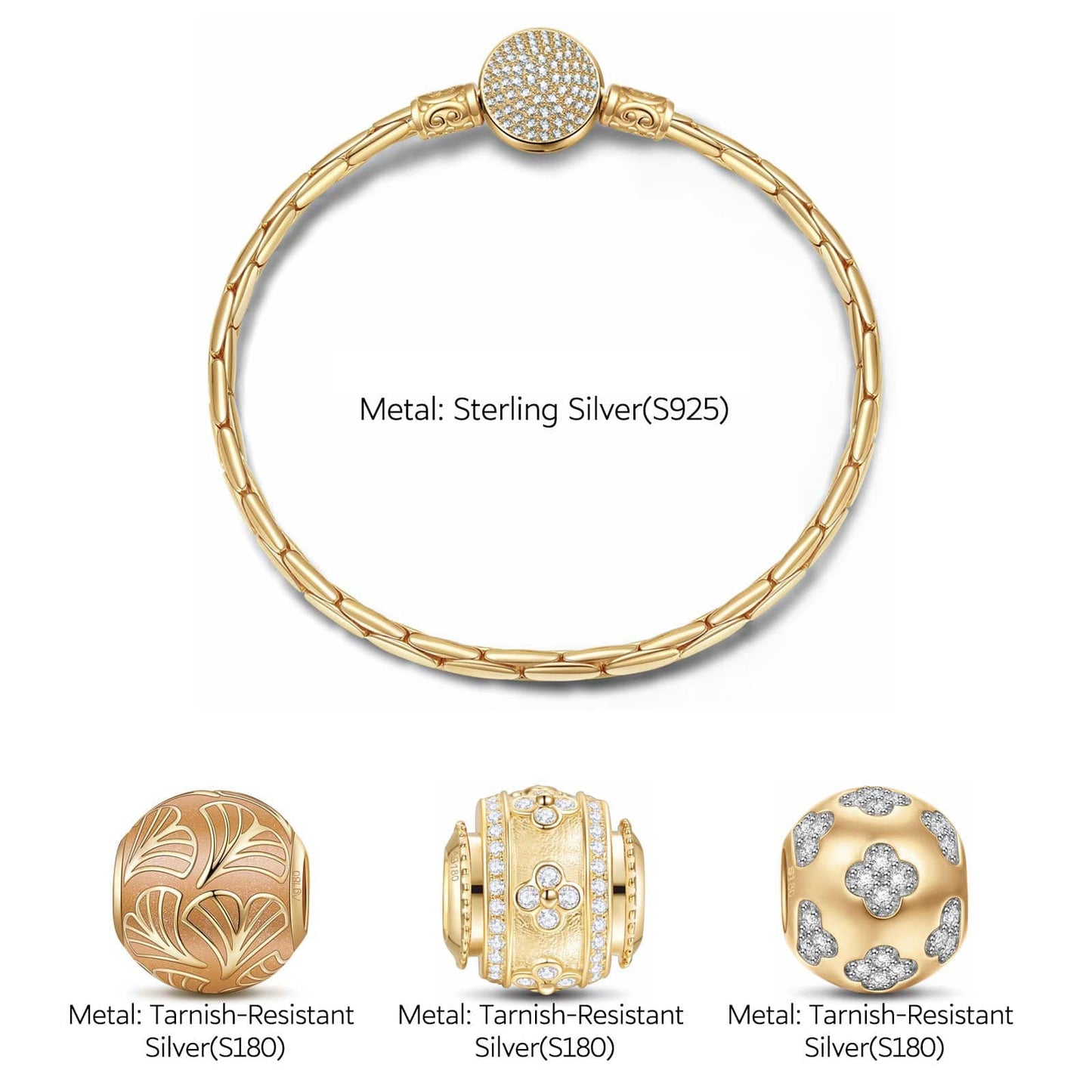 Sterling Silver Golden Good Fortune Charms Bracelet Set With Enamel In 14K Gold Plated (Includes bracelet and all charms shown)