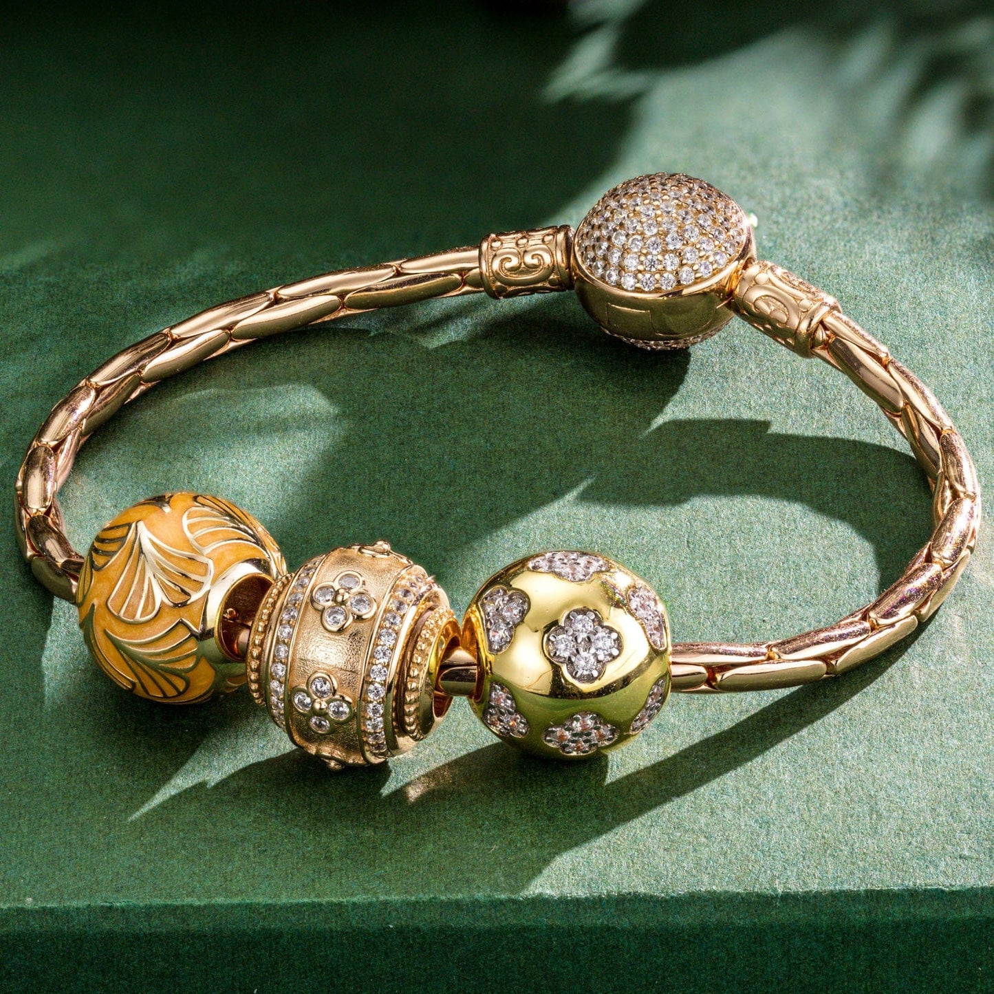 Sterling Silver Golden Good Fortune Charms Bracelet Set With Enamel In 14K Gold Plated (Includes bracelet and all charms shown)