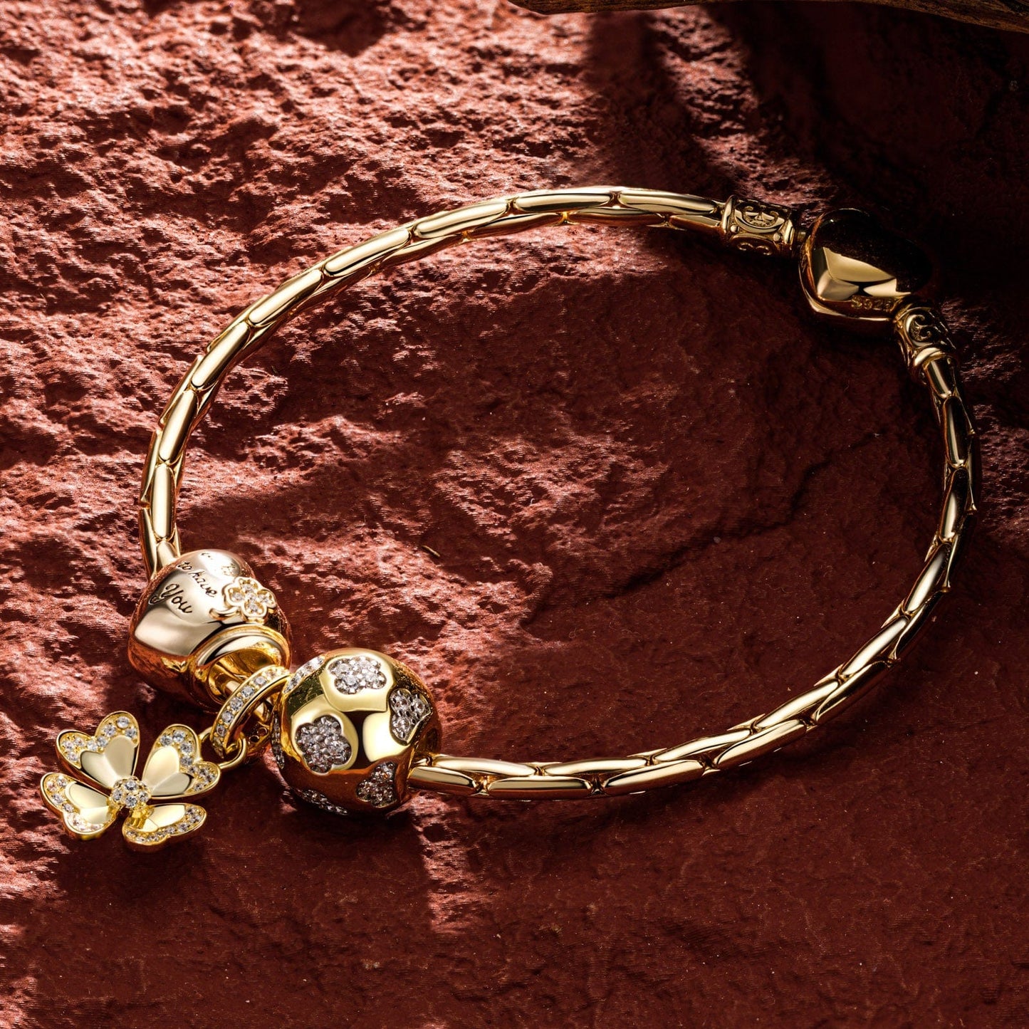 Sterling Silver Lucky Clover Charms Bracelet Set In 14K Gold Plated (Includes bracelet and all charms shown)