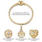 Sterling Silver Lucky Clover Charms Bracelet Set In 14K Gold Plated