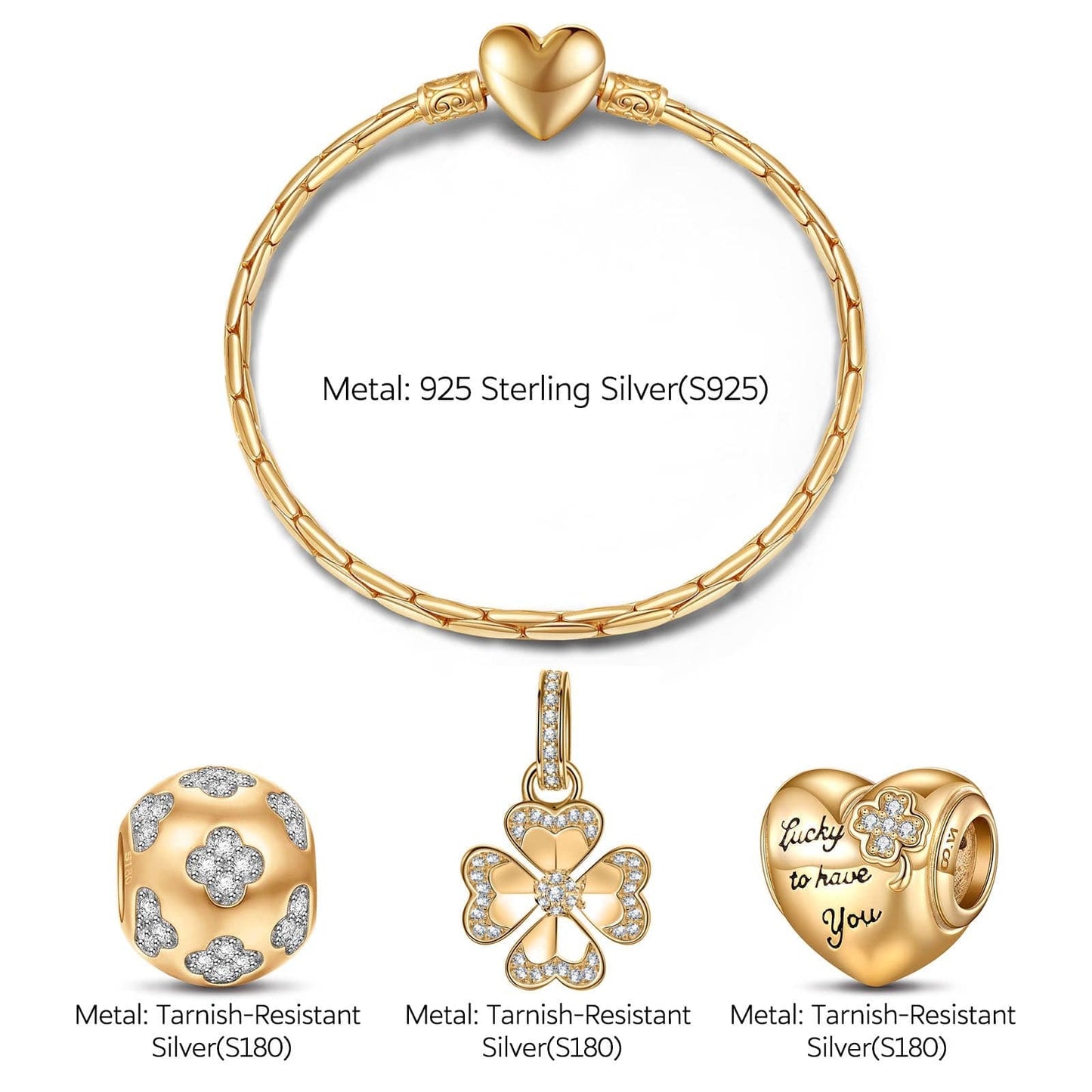 Sterling Silver Lucky Clover Charms Bracelet Set In 14K Gold Plated (Includes bracelet and all charms shown)