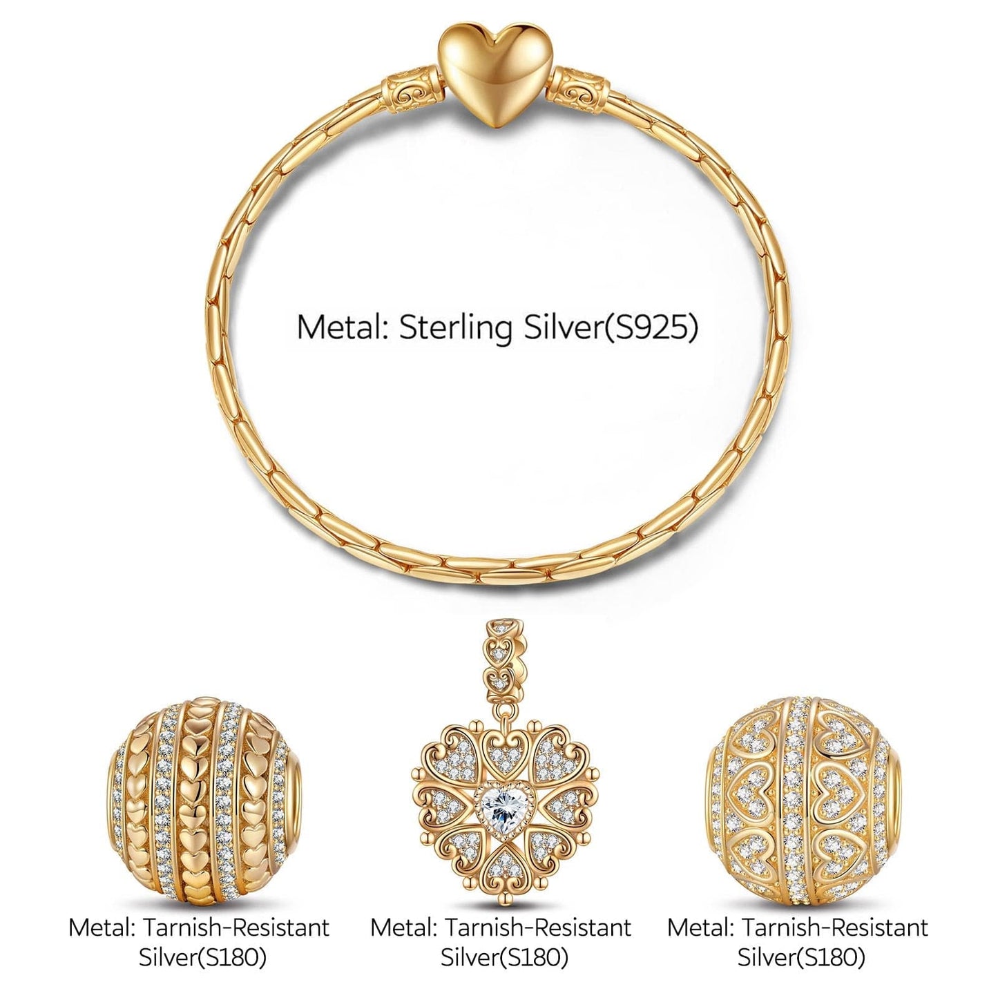Sterling Silver Year of Love Charms Bracelet Set In 14K Gold Plated (Includes bracelet and all charms shown)