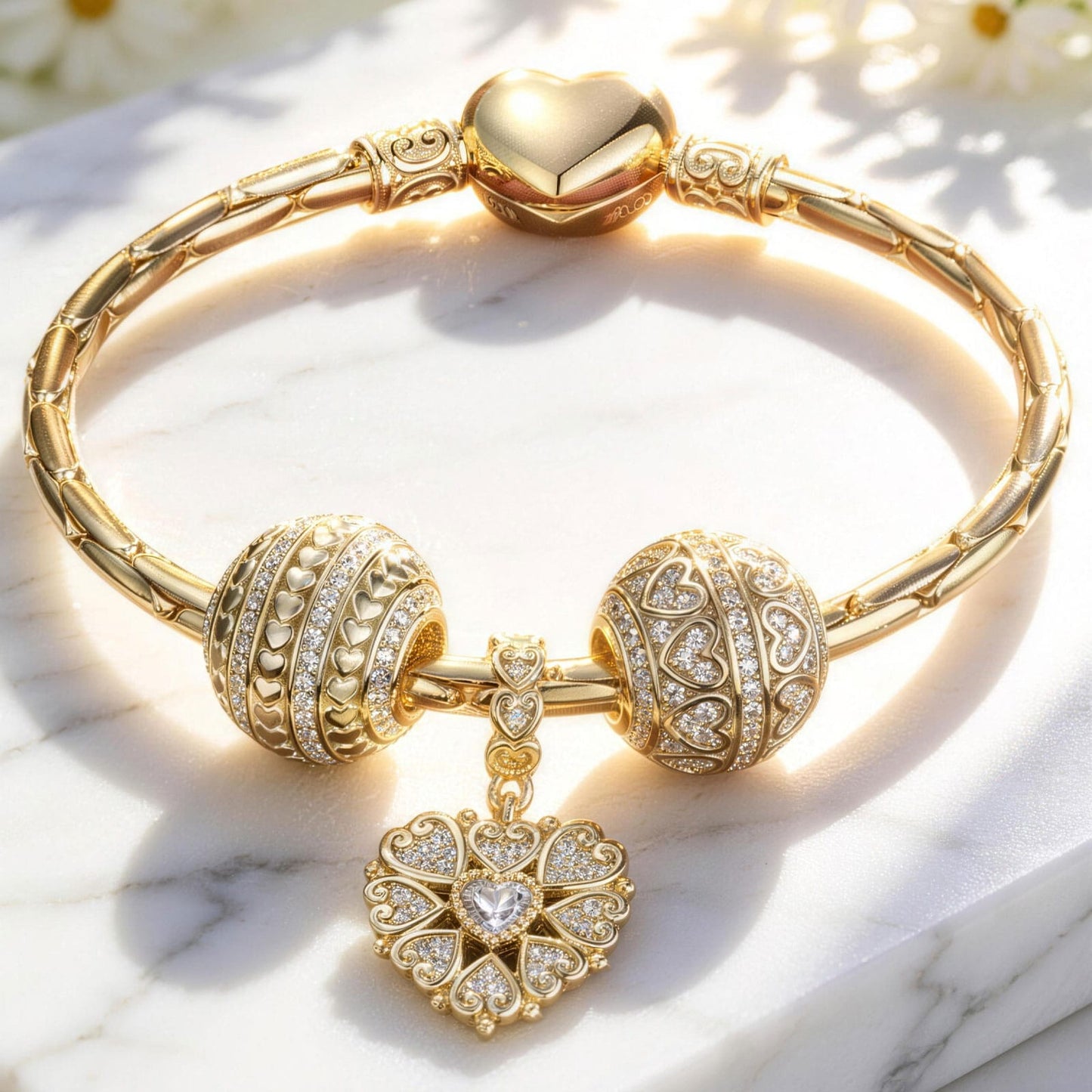 Sterling Silver Year of Love Charms Bracelet Set In 14K Gold Plated (Includes bracelet and all charms shown)